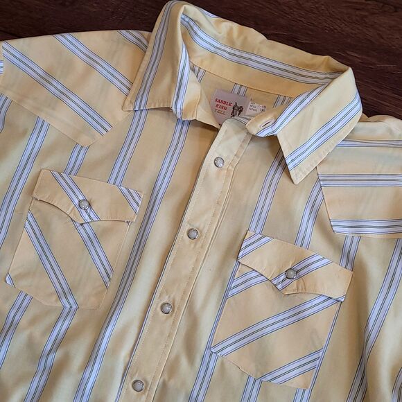 Saddle King Shirt Mens 3XL Tall Pearl Snap Yellow Stripe 19.5 USA Vintage - Picture 1 of 13